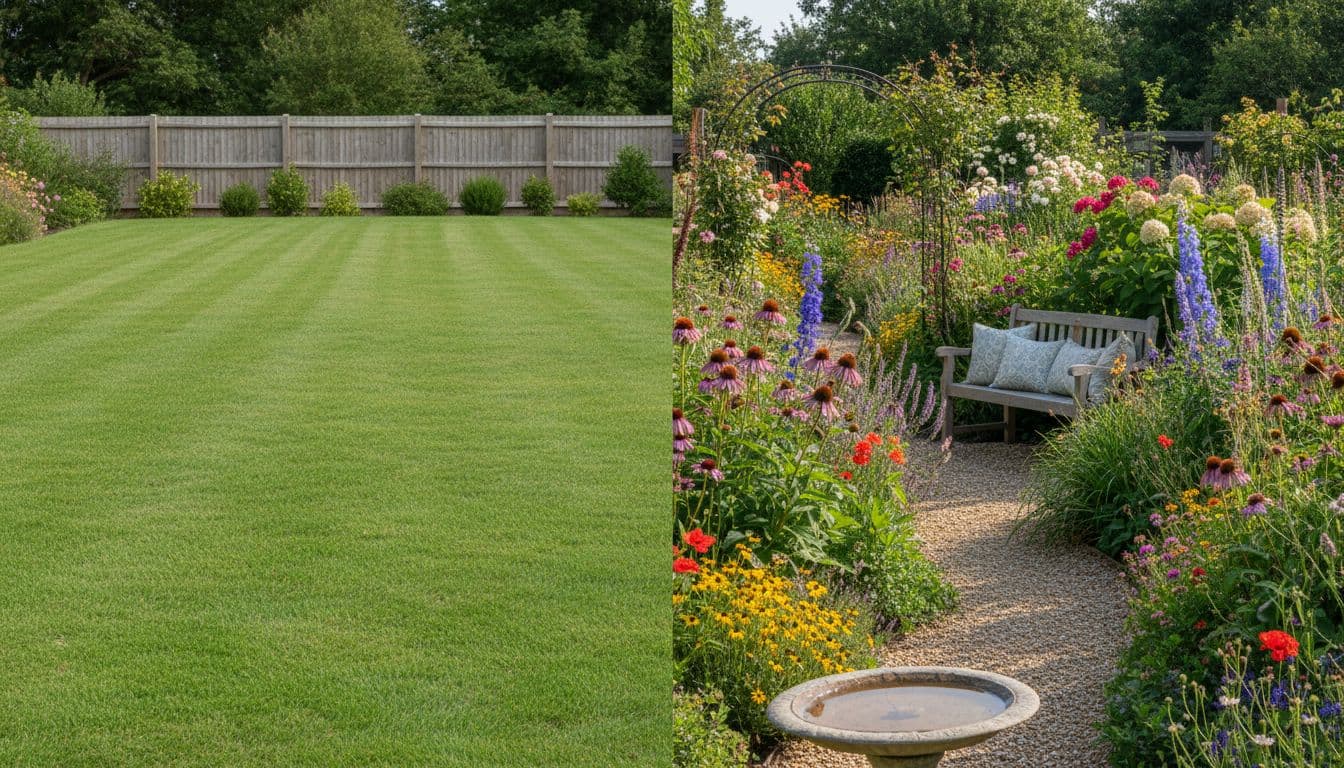 Vergleich von vorhandenem Garten und KI Gartengestaltung