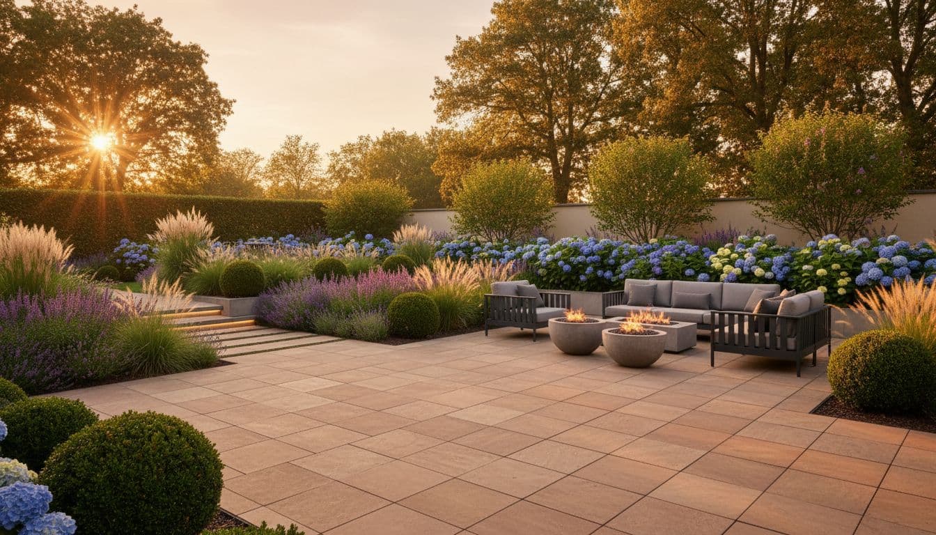 Beispiel für KI Gartengestaltung: moderner Garten mit Sitzplatz und Staudenbeeten