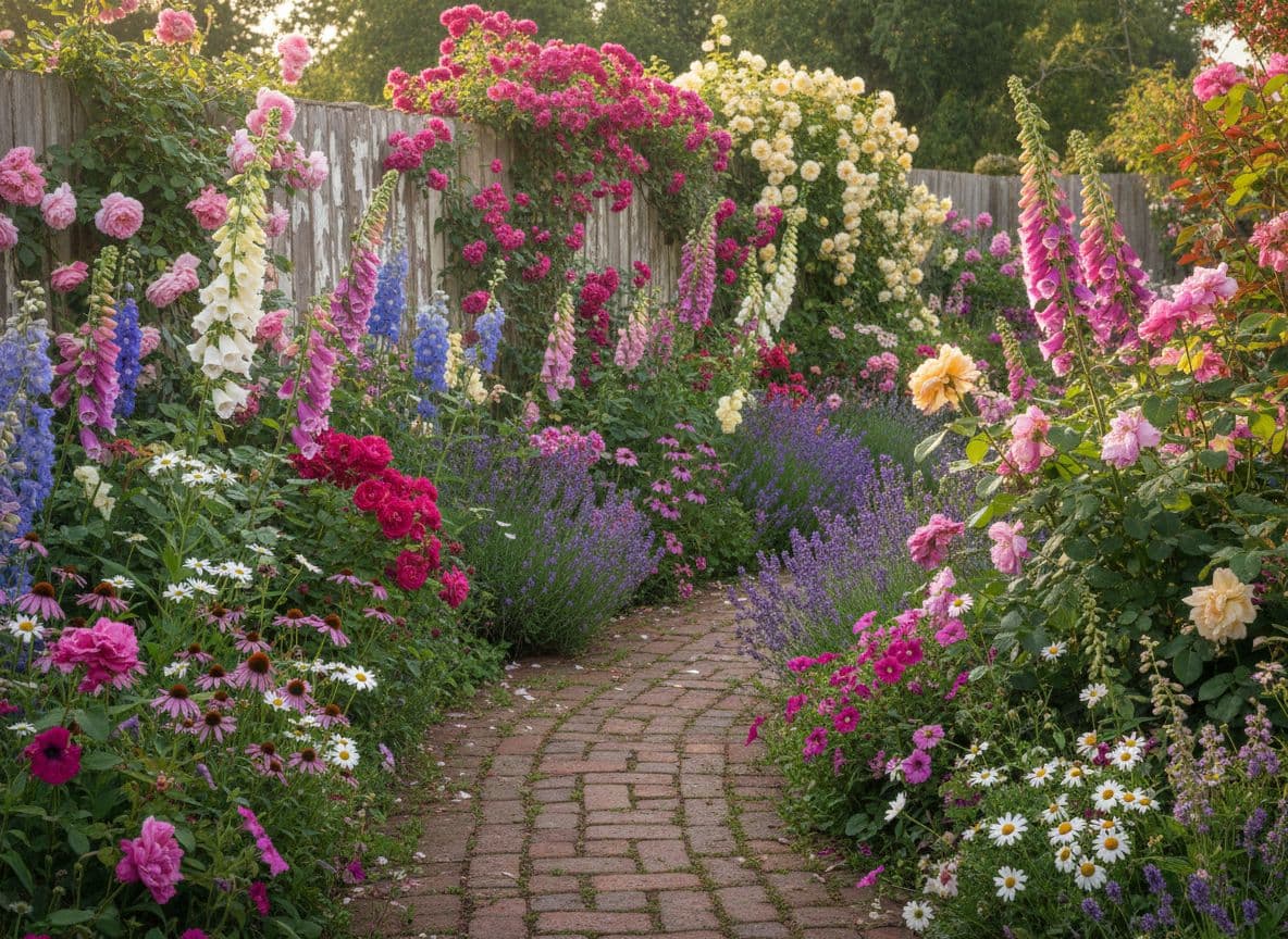 Cottage-Garten KI Gartengestaltung mit üppigen Blütenstauden