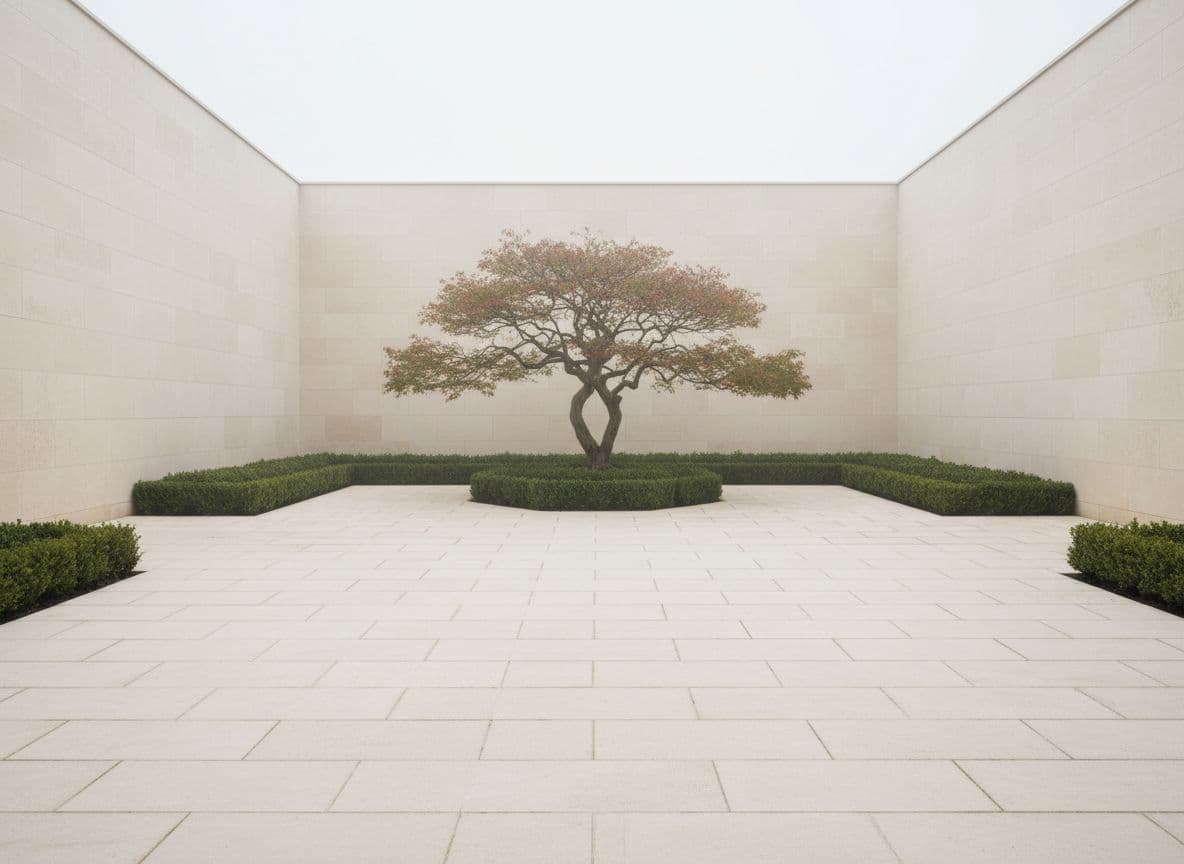 Minimalistisches KI Gartendesign mit Steinplatten und einer Leitpflanze