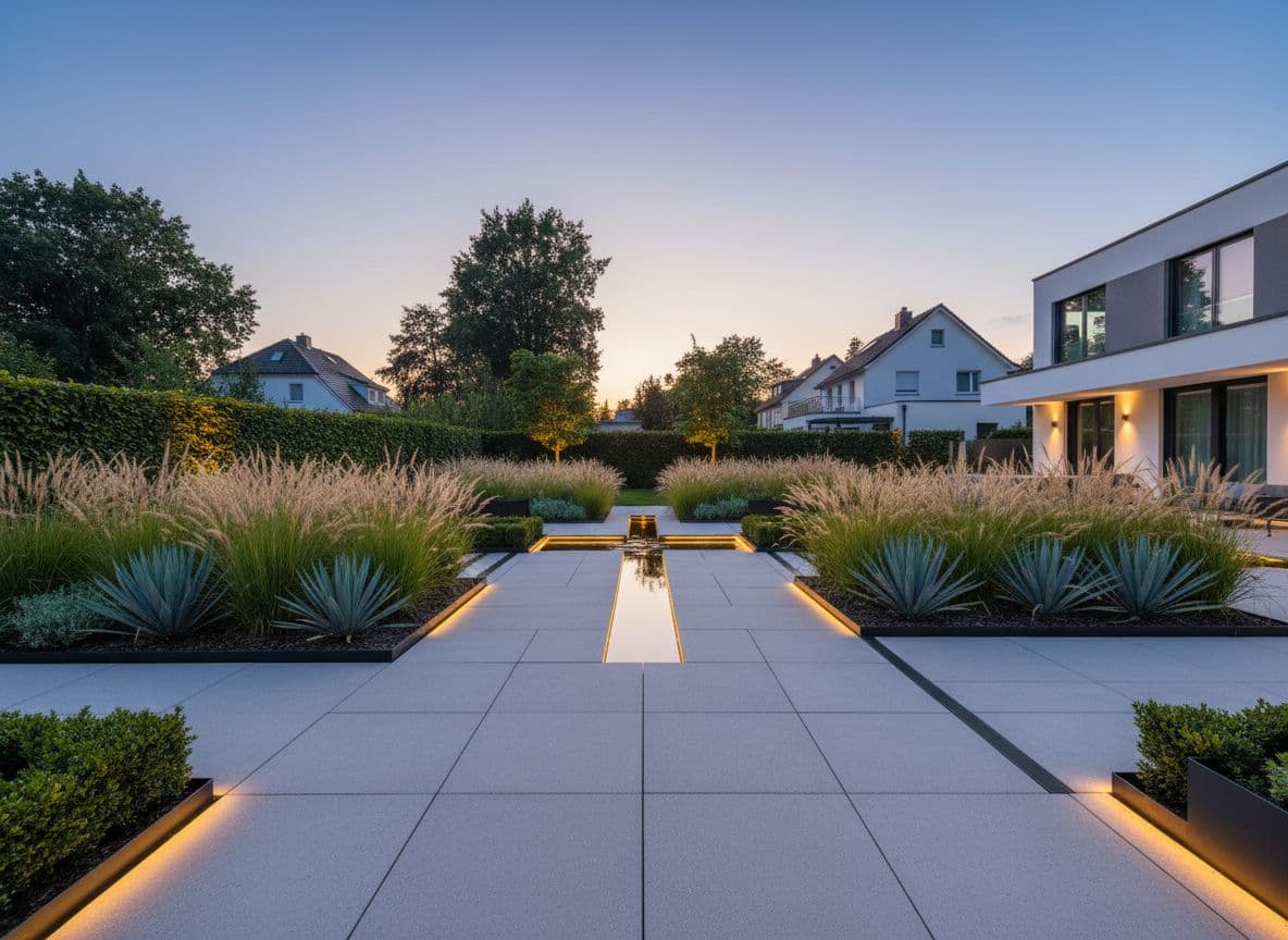 Modernes KI Gartendesign mit klaren Linien und strukturierten Beeten