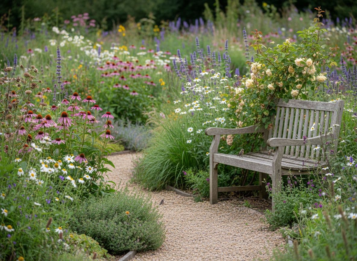 Naturnahe KI Gartenplanung mit Wiesenstauden und lockeren Beeten