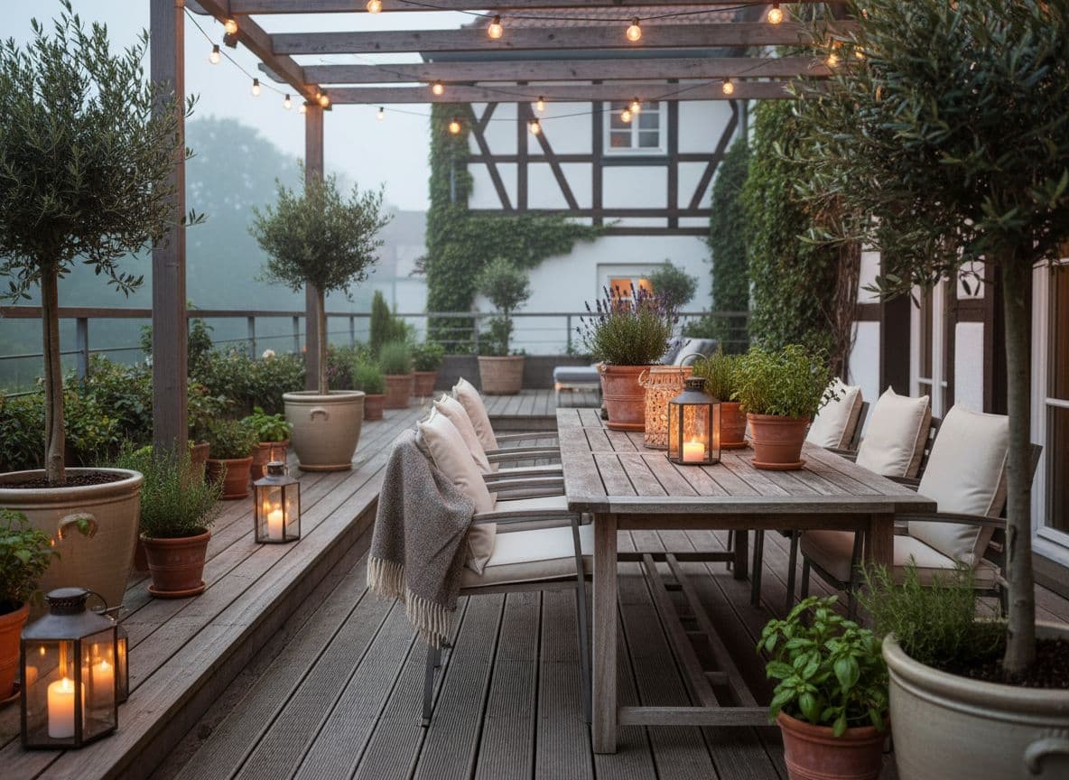 Terrasse mit KI gestalten: Sitzplatz, Kübelpflanzen und Abendstimmung